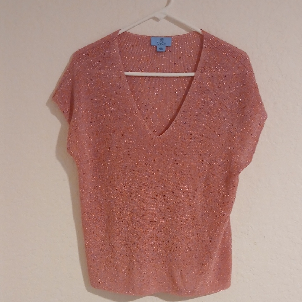 CeCe Glittering Coral/Rose Knit Top W/Gold Glitter Thread Size L